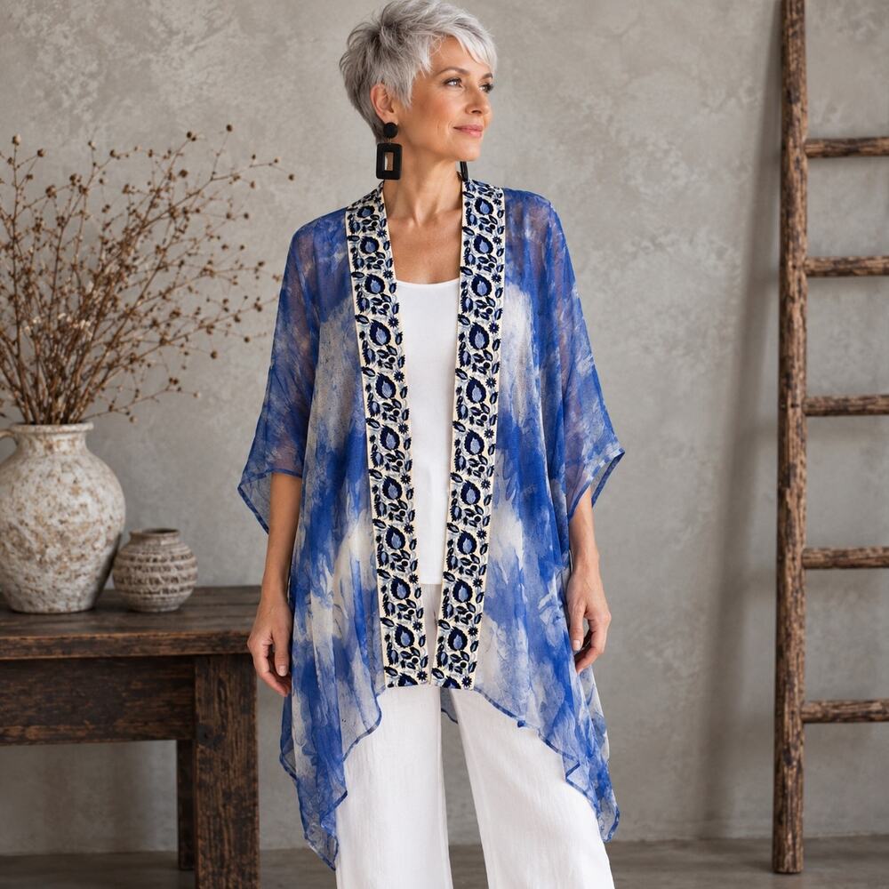 Soft Surroundings Blue Tie Dye Leaf Embroidered Kimono NWT OS